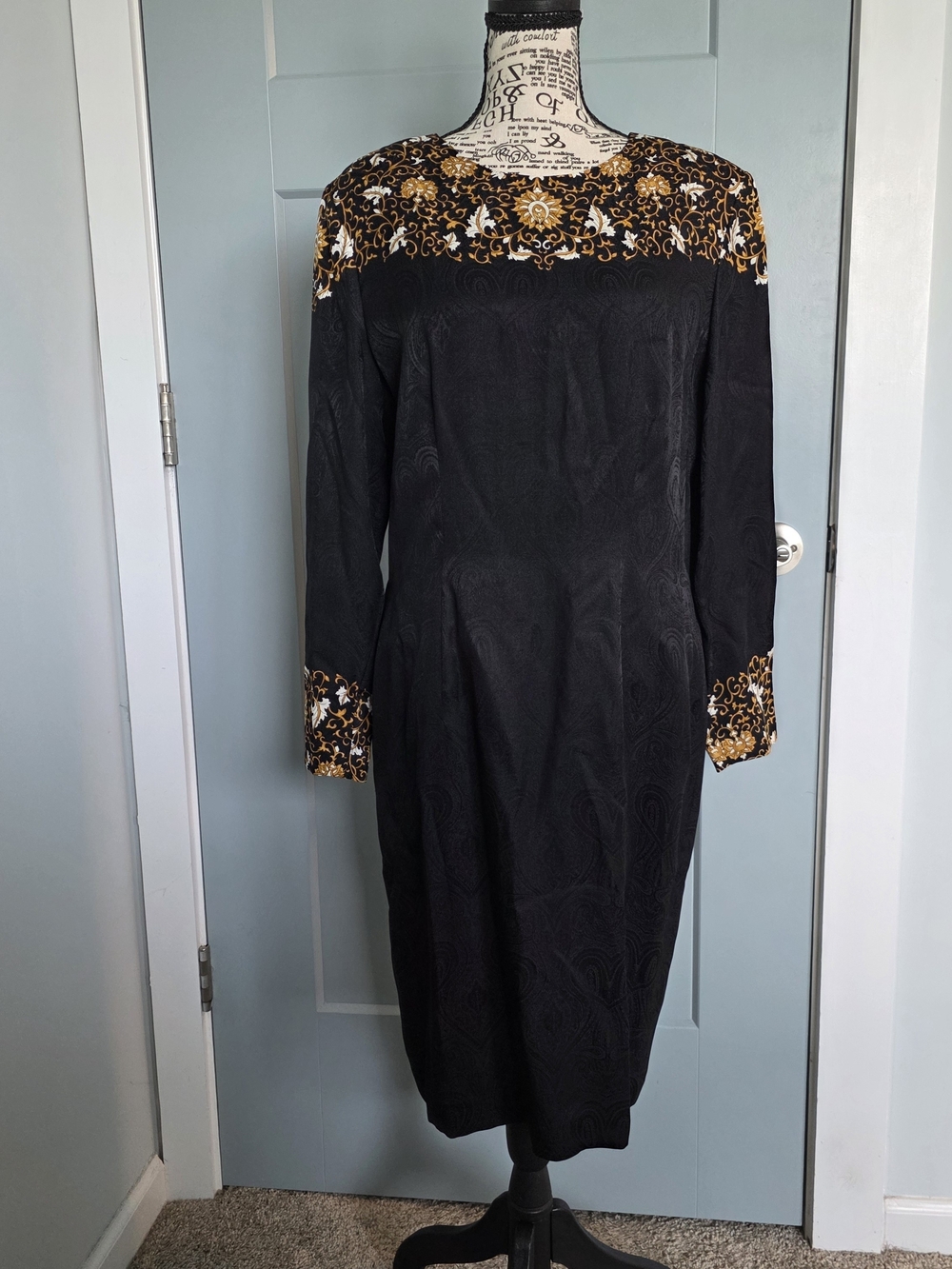 Adrianna Papell Vintage 100% Silk Dress Black Gold Baroque Paisley Midi Sz 12